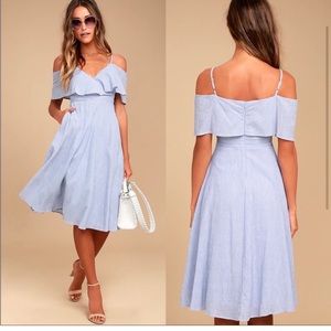 LULUS Yacht Rock Blue and White Striped Off-the-Shoulder Midi Dress Size L